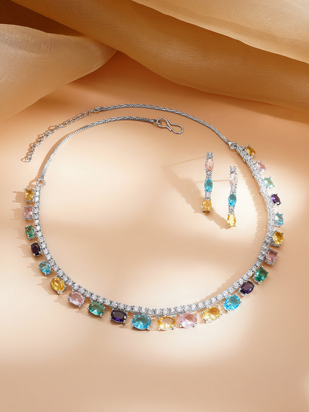 Rhodium Plated American Diamond Zirconia Multicolor Necklace Set