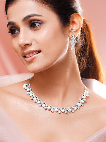 Women Rhodium Plated Cubic Zirconia Pearl Floral Necklace Set
