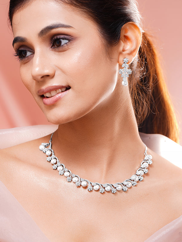 Women Rhodium Plated Cubic Zirconia Pearl Floral Necklace Set
