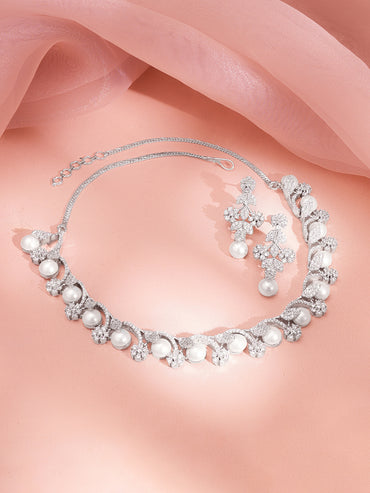 Women Rhodium Plated Cubic Zirconia Pearl Floral Necklace Set