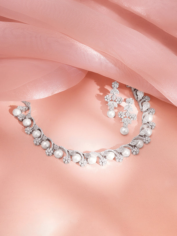 Women Rhodium Plated Cubic Zirconia Pearl Floral Necklace Set