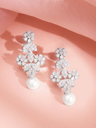 Women Rhodium Plated Cubic Zirconia Pearl Floral Necklace Set