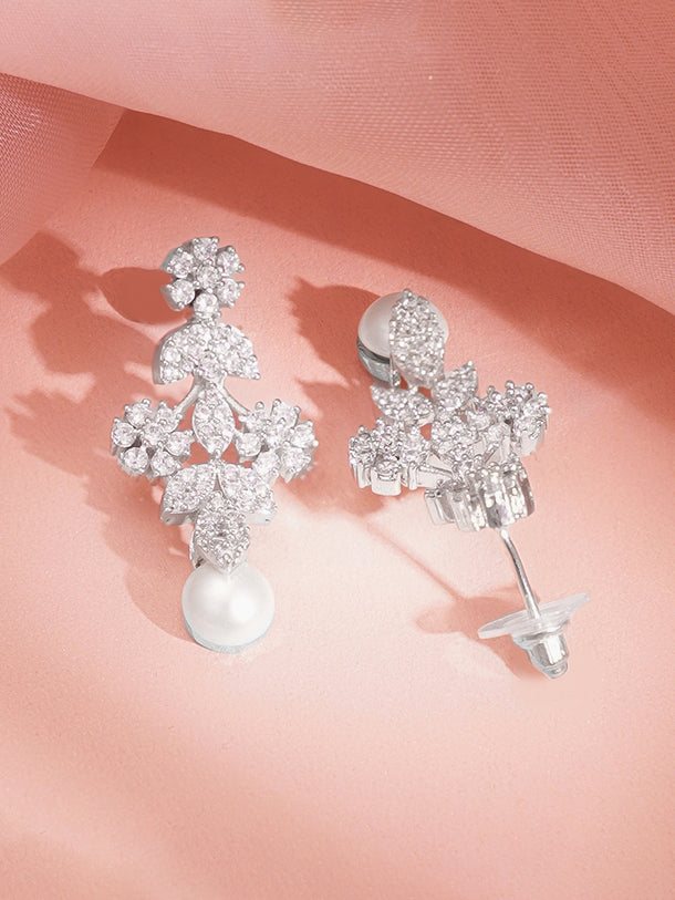 Women Rhodium Plated Cubic Zirconia Pearl Floral Necklace Set