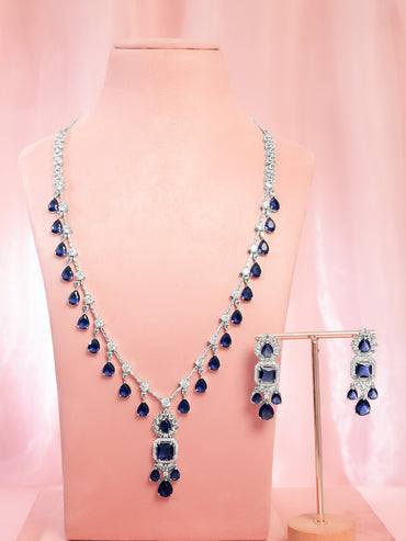 Rhodium Plated Midnight Blue Crystal Cubic Zirconia Teardrop Necklace Set