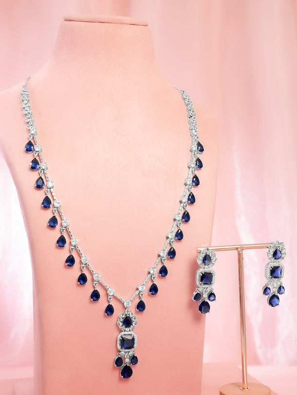 Rhodium Plated Midnight Blue Crystal Cubic Zirconia Teardrop Necklace Set