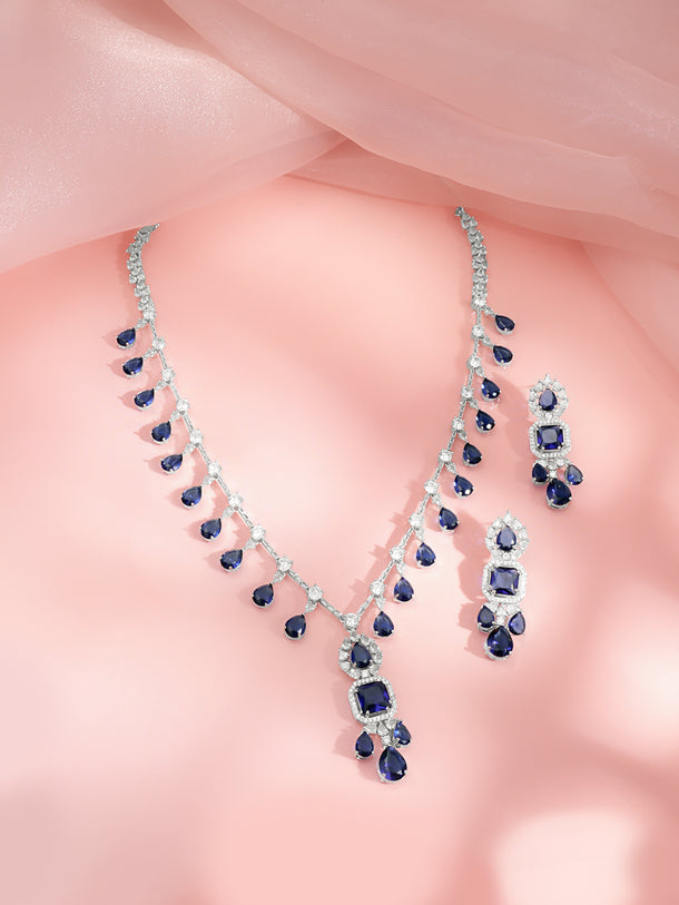 Rhodium Plated Midnight Blue Crystal Cubic Zirconia Teardrop Necklace Set
