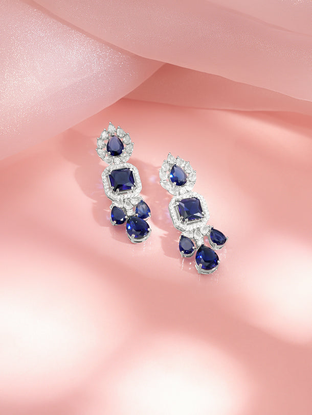 Rhodium Plated Midnight Blue Crystal Cubic Zirconia Teardrop Necklace Set
