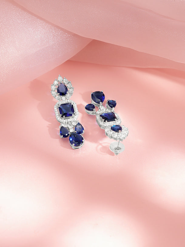 Rhodium Plated Midnight Blue Crystal Cubic Zirconia Teardrop Necklace Set