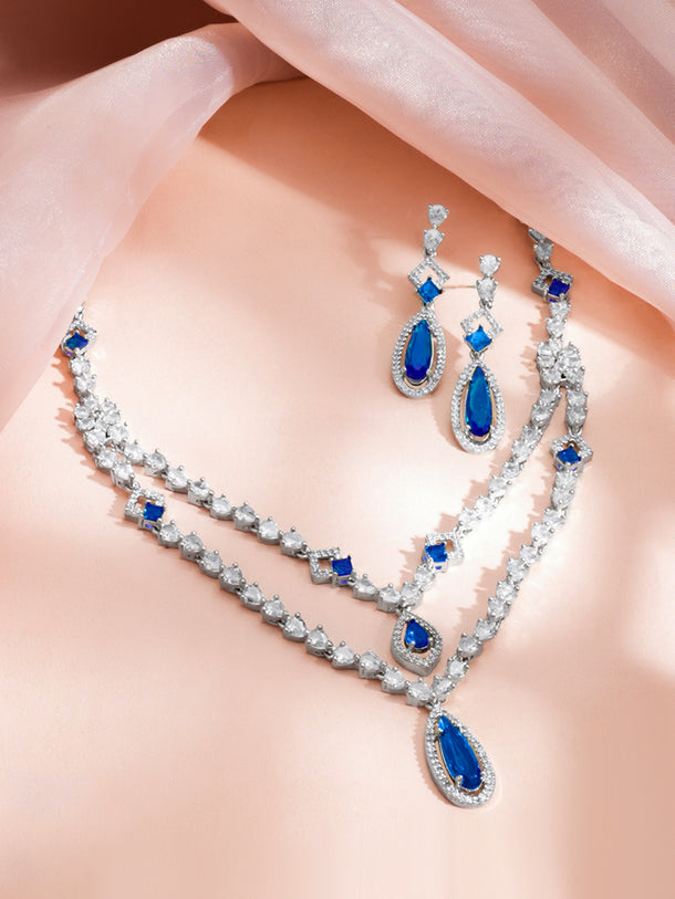 Rhodium Plated Sapphire Dusk Double Layer Teardrop Necklace Set