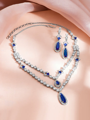 Rhodium Plated Sapphire Dusk Double Layer Teardrop Necklace Set