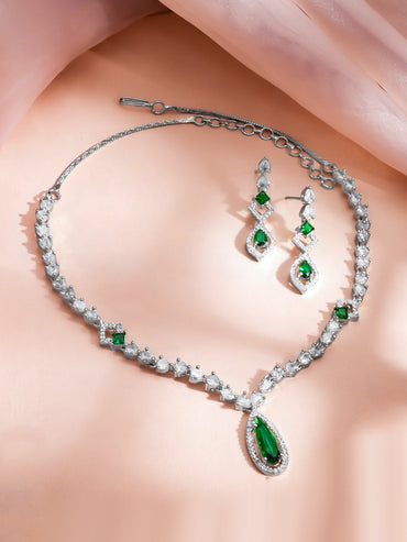 Rhodium Plated Emerald Dew Teardrop Necklace Set