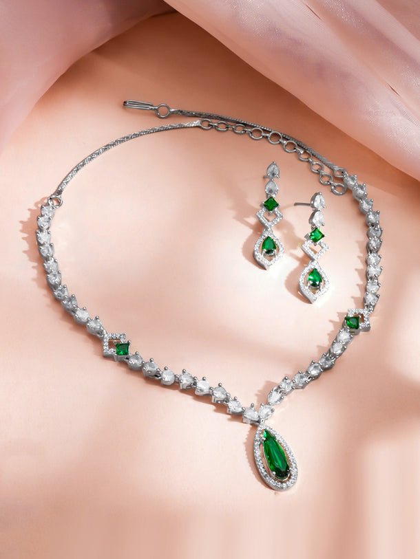 Rhodium Plated Emerald Dew Teardrop Necklace Set