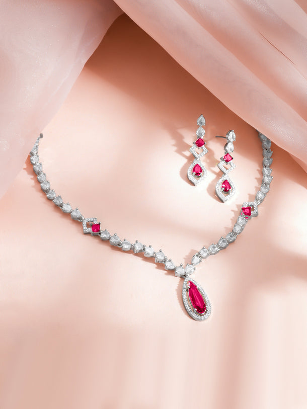 Rhodium Plated Ruby Blush Teardrop Necklace Set