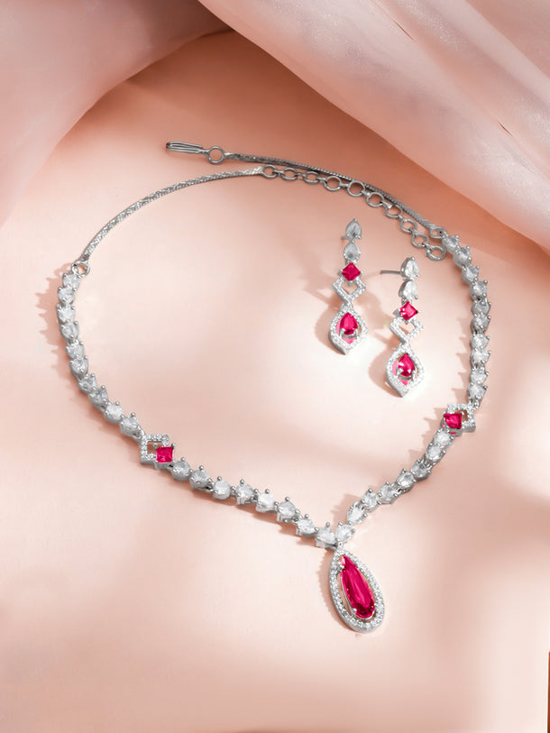 Rhodium Plated Ruby Blush Teardrop Necklace Set