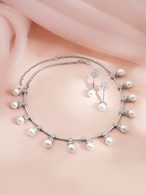 Rhodium Plated American Diamond Pearl Drop Necklace Set
