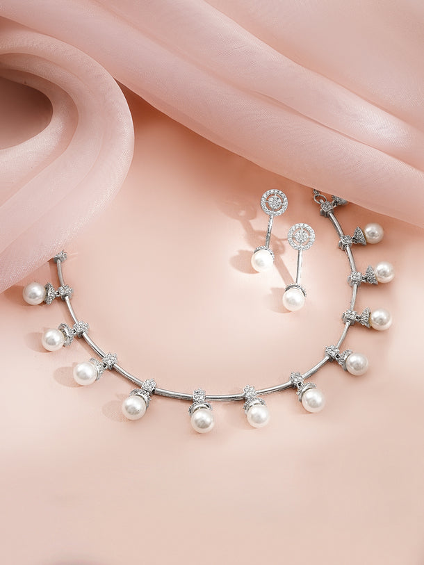 Rhodium Plated American Diamond Pearl Drop Necklace Set