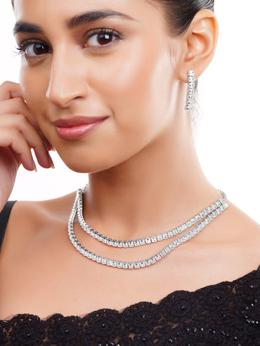 Rhodium Plated Layered American Diamond Statement Necklace Set