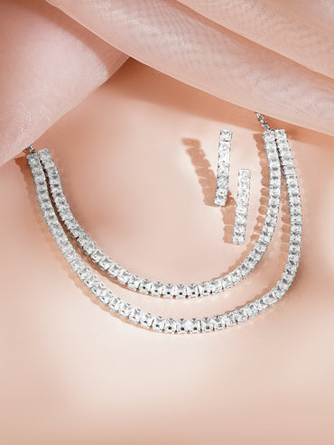 Rhodium Plated Layered American Diamond Statement Necklace Set