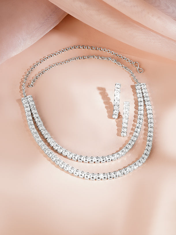 Rhodium Plated Layered American Diamond Statement Necklace Set