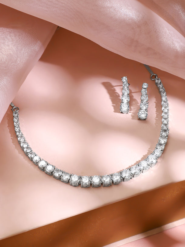Rhodium Plated American Diamond Zirconia cubic link Necklace Set