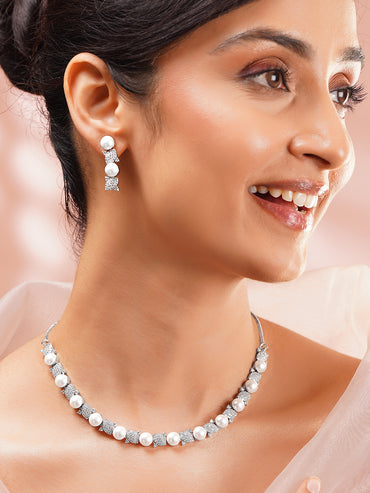 Rhodium Plated Moonlit Pearl Sparkle Choker Set