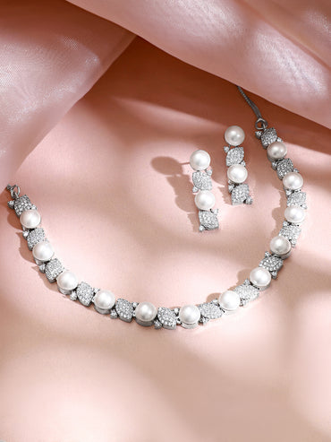 Rhodium Plated Moonlit Pearl Sparkle Choker Set