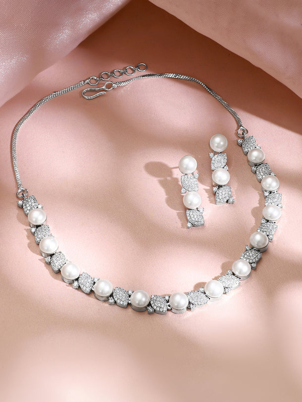Rhodium Plated Moonlit Pearl Sparkle Choker Set