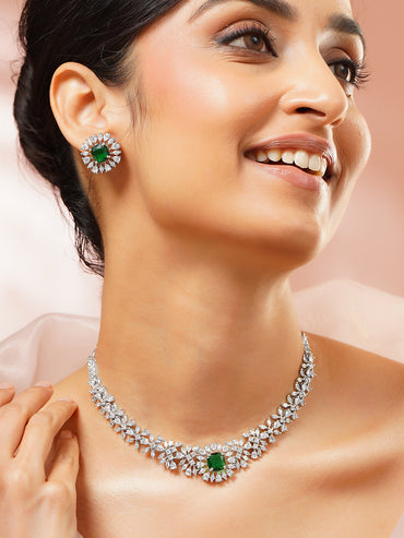 Rhodium plated Emerald Crown Sparkle Floral Necklace Set