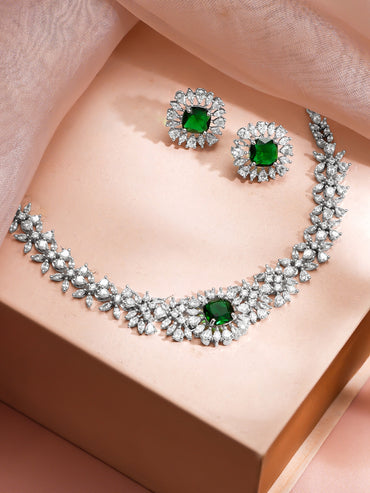 Rhodium plated Emerald Crown Sparkle Floral Necklace Set