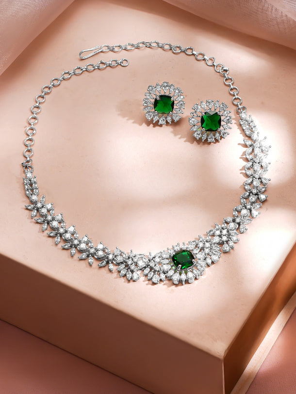 Rhodium plated Emerald Crown Sparkle Floral Necklace Set