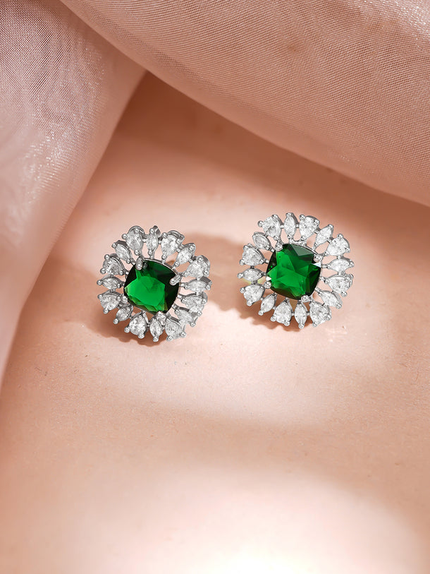 Rhodium plated Emerald Crown Sparkle Floral Necklace Set