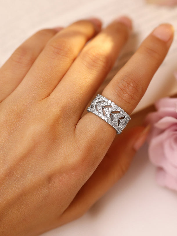 Rubans Rhodium-Plated Cubic Zirconia Stone-Studded Finger Ring