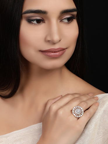 Rubans Gold Toned Handcrafted CZ Studded Statement Ring
