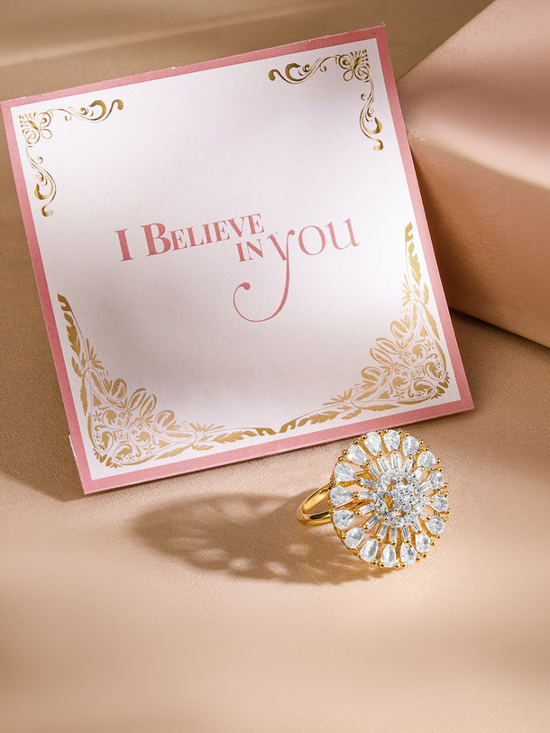 Rubans Gold Toned Handcrafted CZ Studded Statement Ring