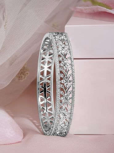 Rubans Rhodium Plated Cubic Zirconia Studded Floral Bangle Style Bracelet