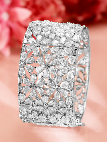 Rubans Rhodium-Plated AAA Cubic Zirconia Studded Handcrafted Openable Premium Bracelet