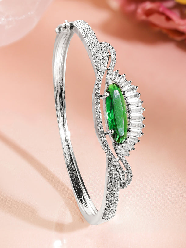 Rubans Rhodium-Plated Emerald Green & White Cubic Zirconia Studded Designer Bracelet