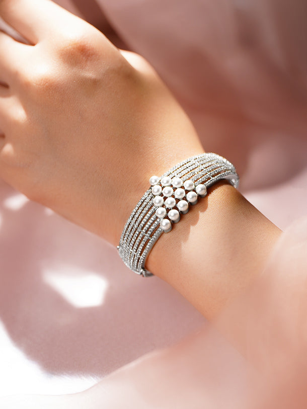 Rhodium Plated Pearl Lattice Statement Bracelet