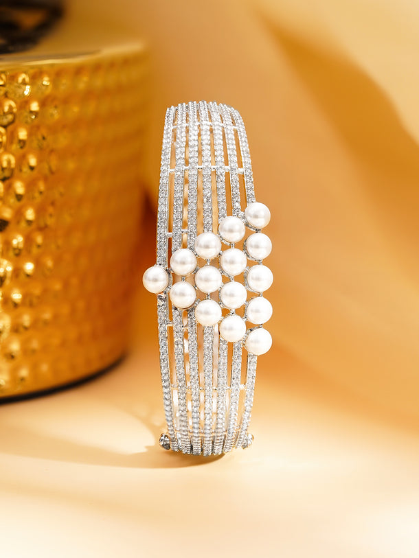 Rhodium Plated Pearl Lattice Statement Bracelet