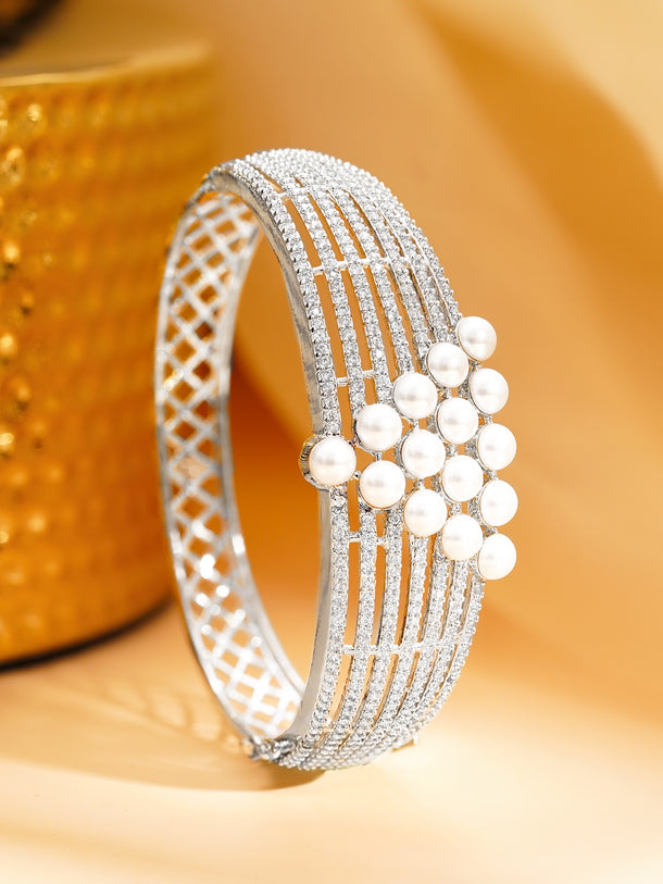 Rhodium Plated Pearl Lattice Statement Bracelet