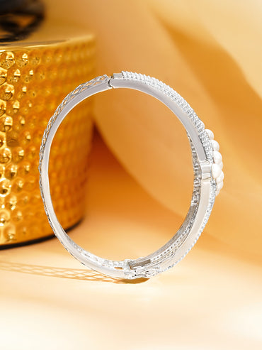 Rhodium Plated Pearl Lattice Statement Bracelet