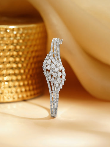 Rhodium Plated American Diamond Zirconia Leaf Motif Bracelet