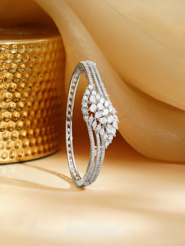Rhodium Plated American Diamond Zirconia Leaf Motif Bracelet