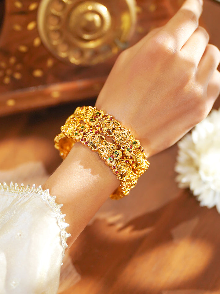 Rubans Set of 2 24K Gold-Plated Ruby & Green Stones Divine Lakshmi Temple Bangles