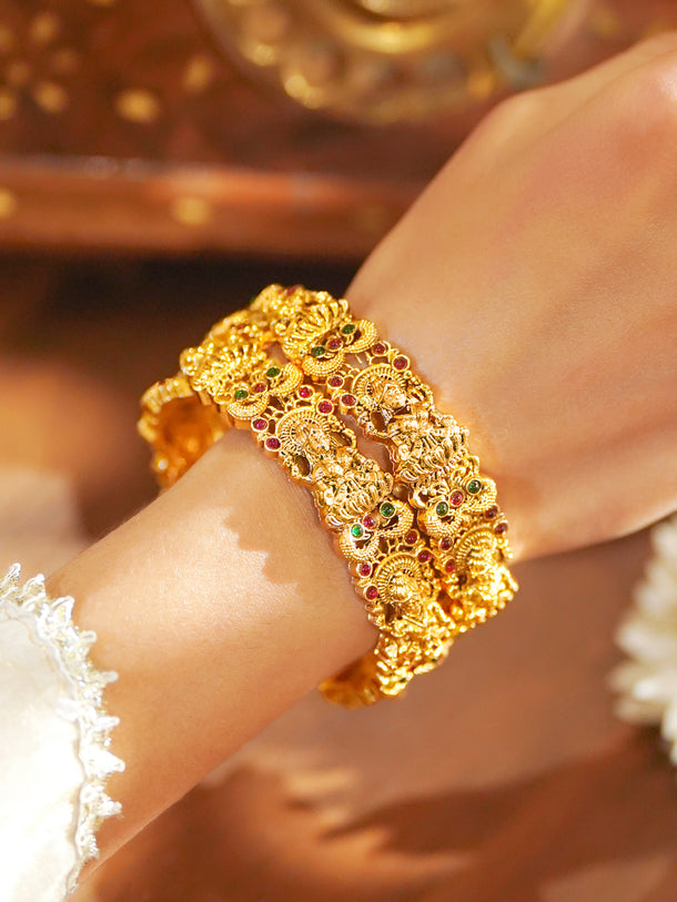 Rubans Set of 2 24K Gold-Plated Ruby & Green Stones Divine Lakshmi Temple Bangles