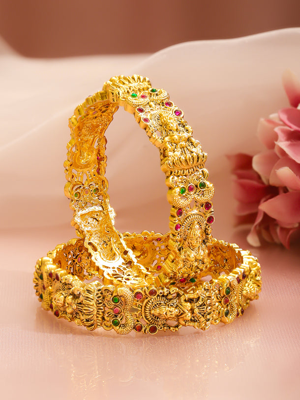Rubans Set of 2 24K Gold-Plated Ruby & Green Stones Divine Lakshmi Temple Bangles
