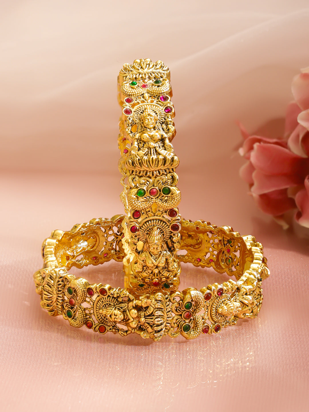 Rubans Set of 2 24K Gold-Plated Ruby & Green Stones Divine Lakshmi Temple Bangles