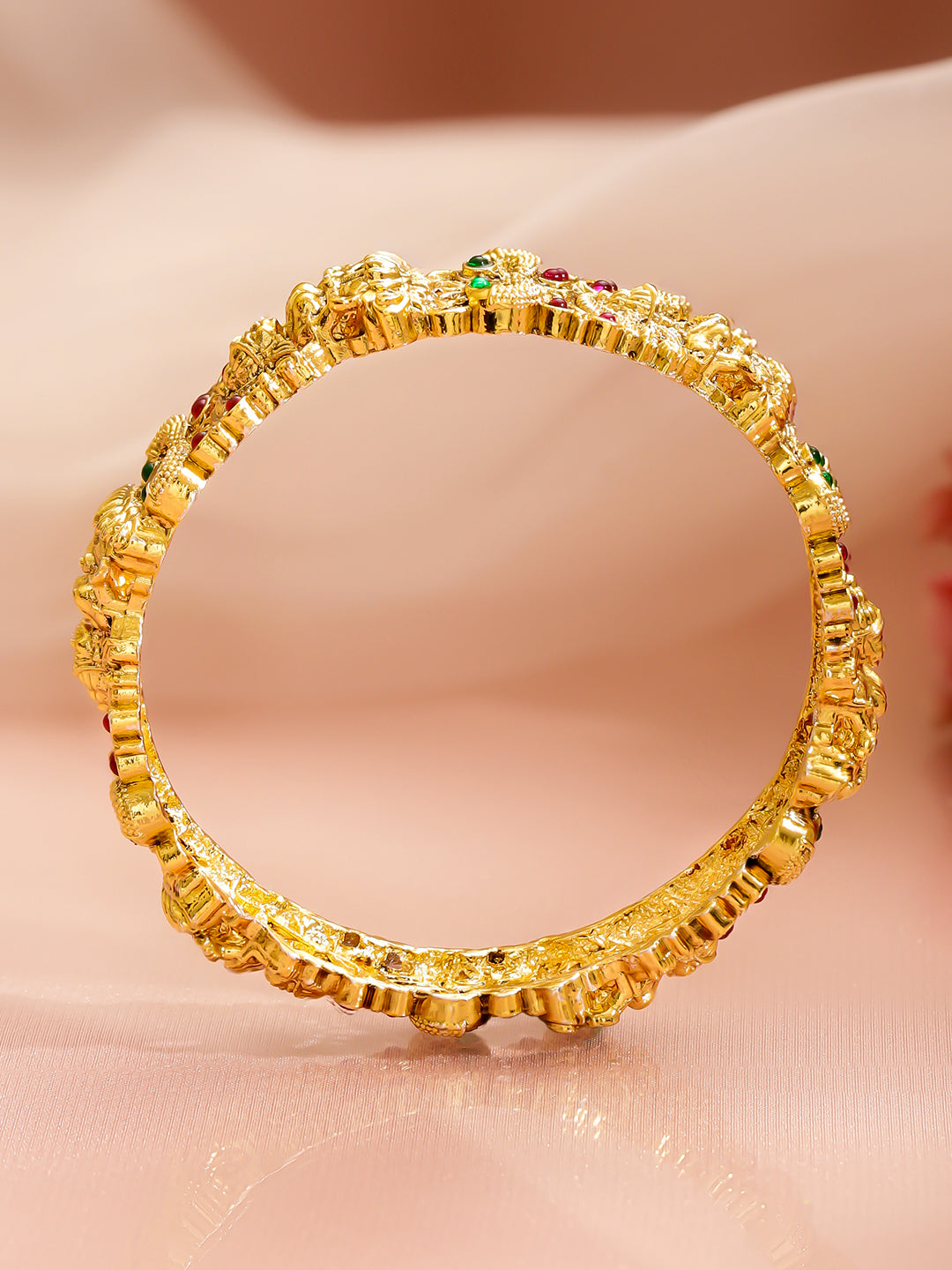 Rubans Set of 2 24K Gold-Plated Ruby & Green Stones Divine Lakshmi Temple Bangles