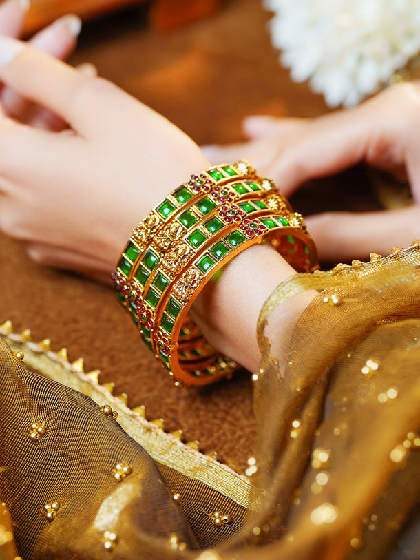 Gold Plated Emerald Inlay Deity Bangles Set of 4