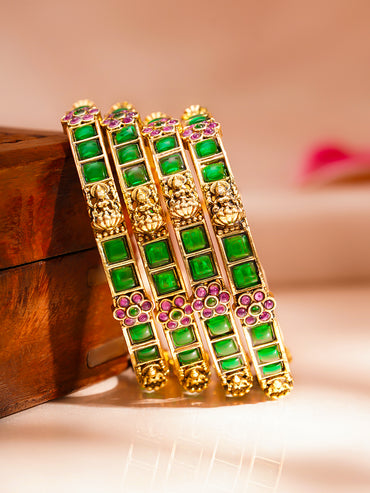 Gold Plated Emerald Inlay Deity Bangles Set of 4